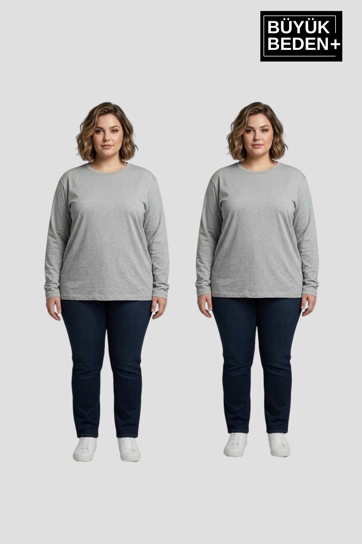 Superlife Kadın Büyük Beden 2li Set ince Penye Bisiklet Yaka Tişört SPR26BTS942+2