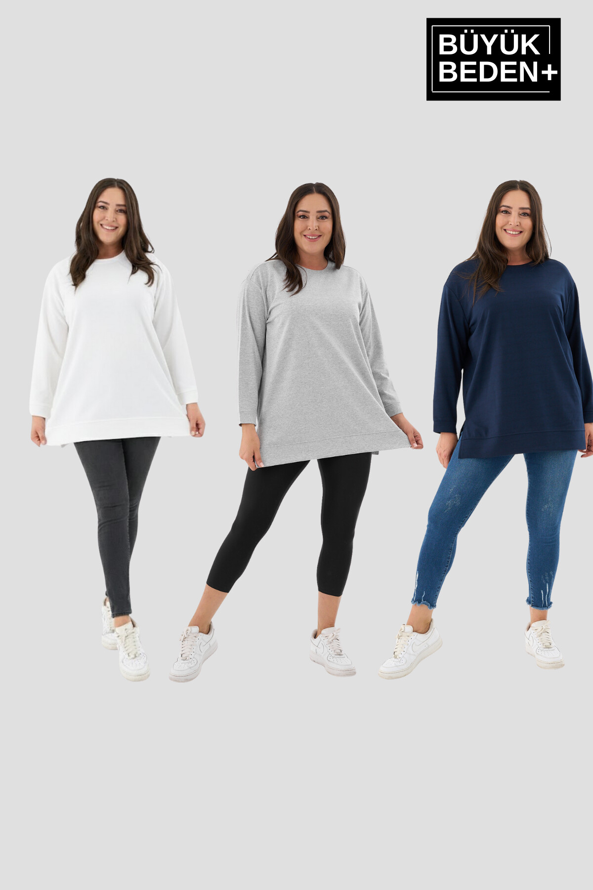 Kadın  Büyük Beden 3lü Set ince Sweatshırt Tunik SPR26BTK990+3