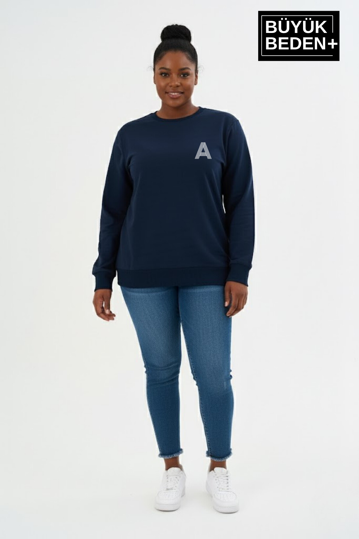 Kadın Büyük Beden A Baskılı Bisiklet Yaka ince Sweatshirt SPR26BSWK956-12