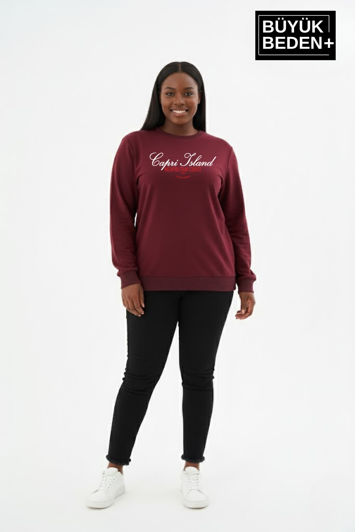 Kadın Büyük Beden  Capri Island Baskılı Bisiklet Yaka ince Sweatshirt SPR26BSWK956-14