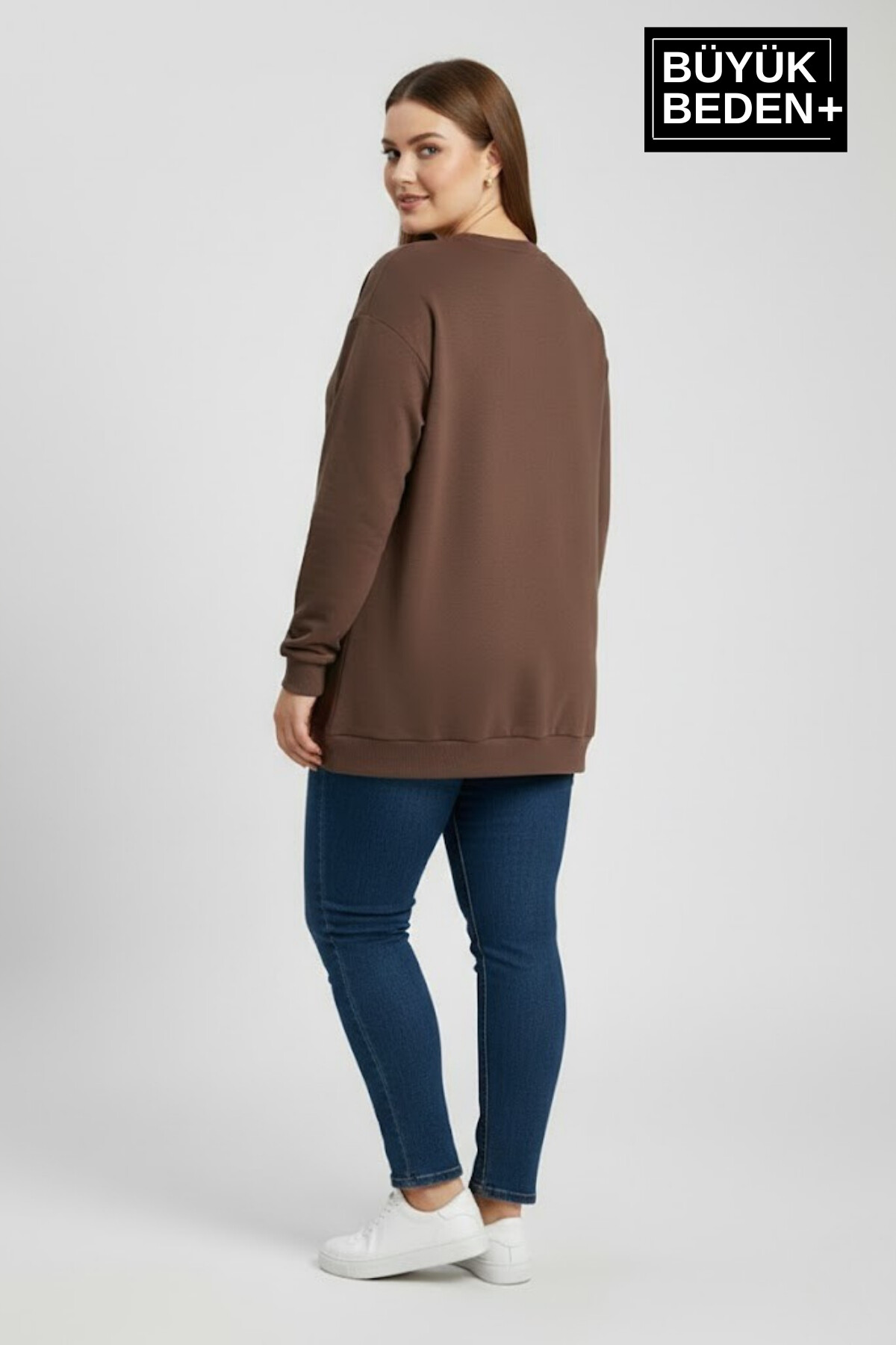 Kadın Büyük Beden AR Baskılı Yaka Kollar Etek Ribana Bisilet Yaka İnce Sweatshirt SPR26BSWK956-1