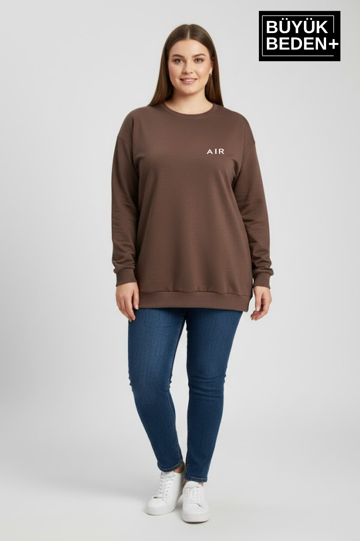 Kadın Büyük Beden AR Baskılı Yaka Kollar Etek Ribana Bisilet Yaka İnce Sweatshirt SPR26BSWK956-1