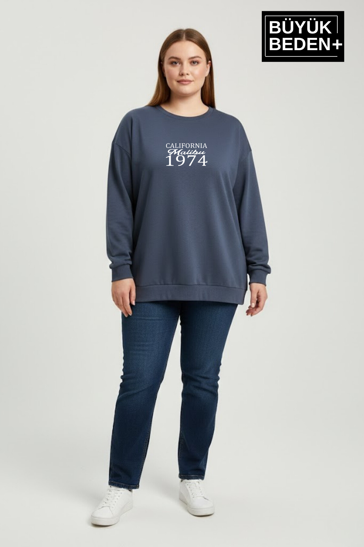 Kadın Büyük Beden California 1974 Baskılı Bisilet Yaka İnce Sweatshirt SPR26BSWK956-2