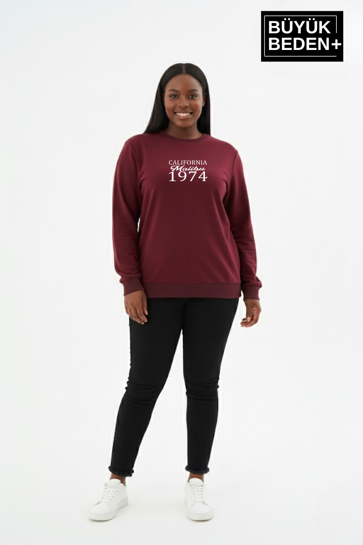 Kadın Büyük Beden California 1974 Baskılı Bisilet Yaka İnce Sweatshirt SPR26BSWK956-2