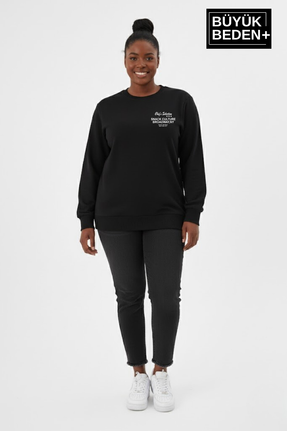 Kadın Büyük Beden CHEF Baskılı Bisilet Yaka İnce Sweatshirt SPR26BSWK956-4