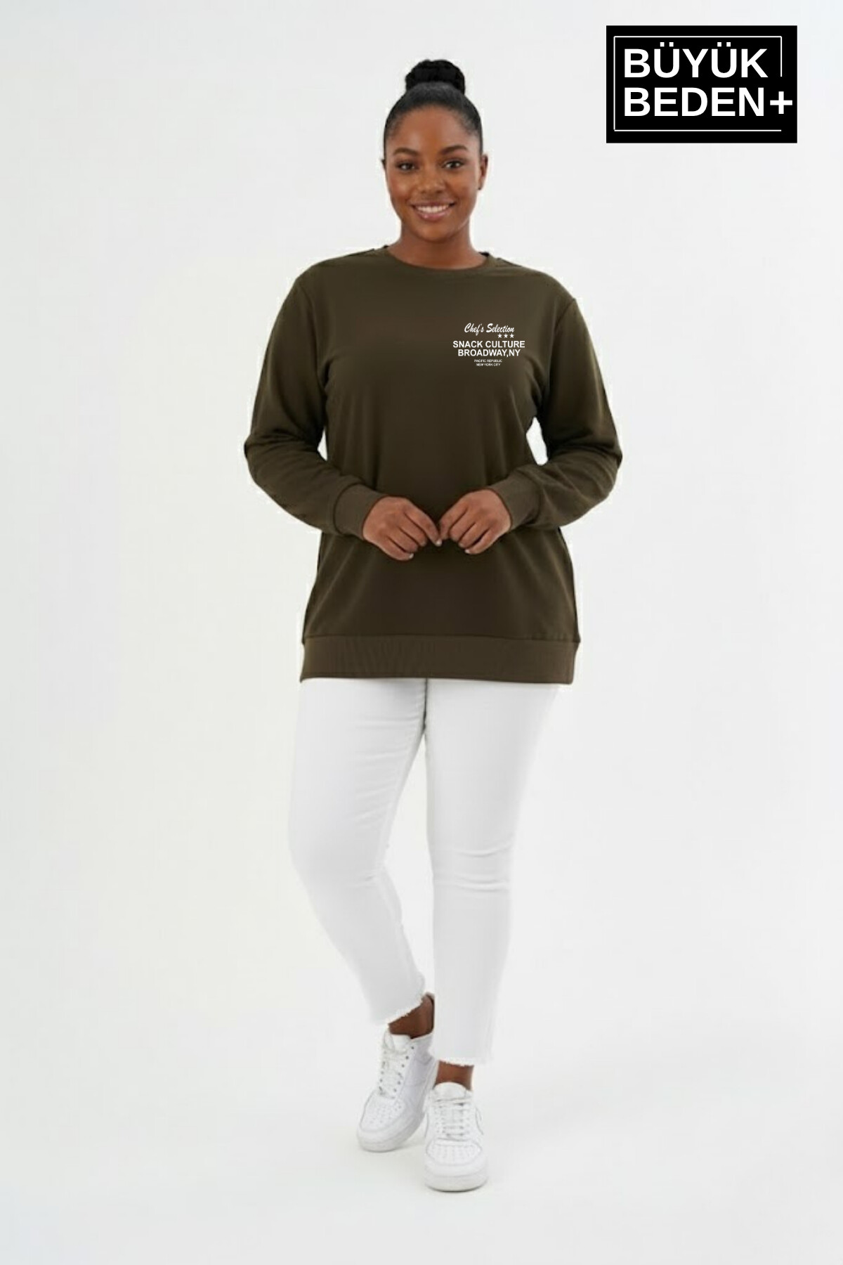 Kadın Büyük Beden CHEF Baskılı Bisilet Yaka İnce Sweatshirt SPR26BSWK956-4