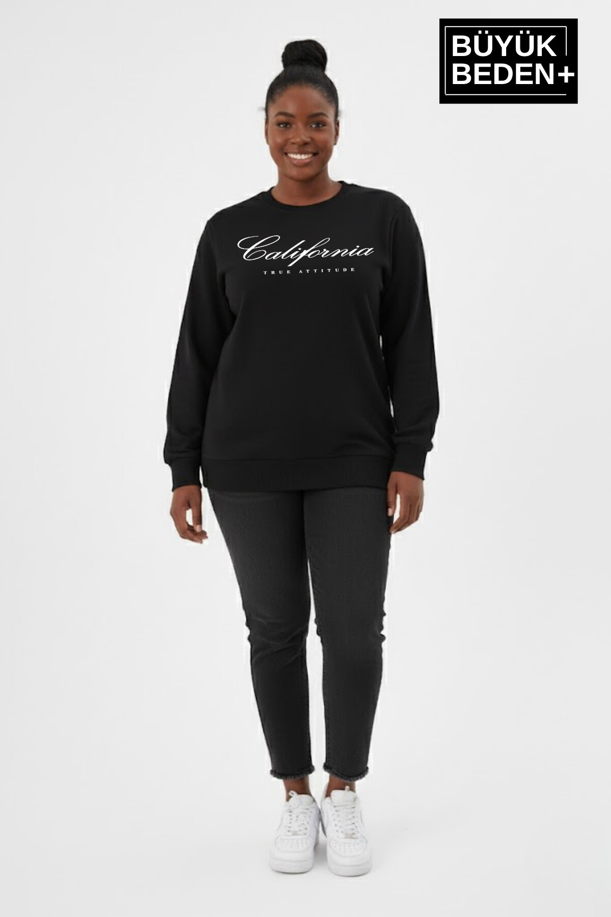 Kadın Büyük Beden El Yazılı California Baskılı Bisiklet Yaka ince Sweatshirt SPR26BSWK956-7