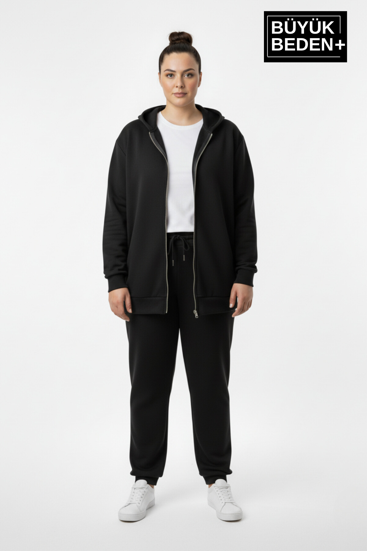 Kadın Büyük Beden Fermuarlı Kapüşonlu 2 liSet ince Sweatshirt Hırka - Rahat Kalıp SPR26BHRK960+2
