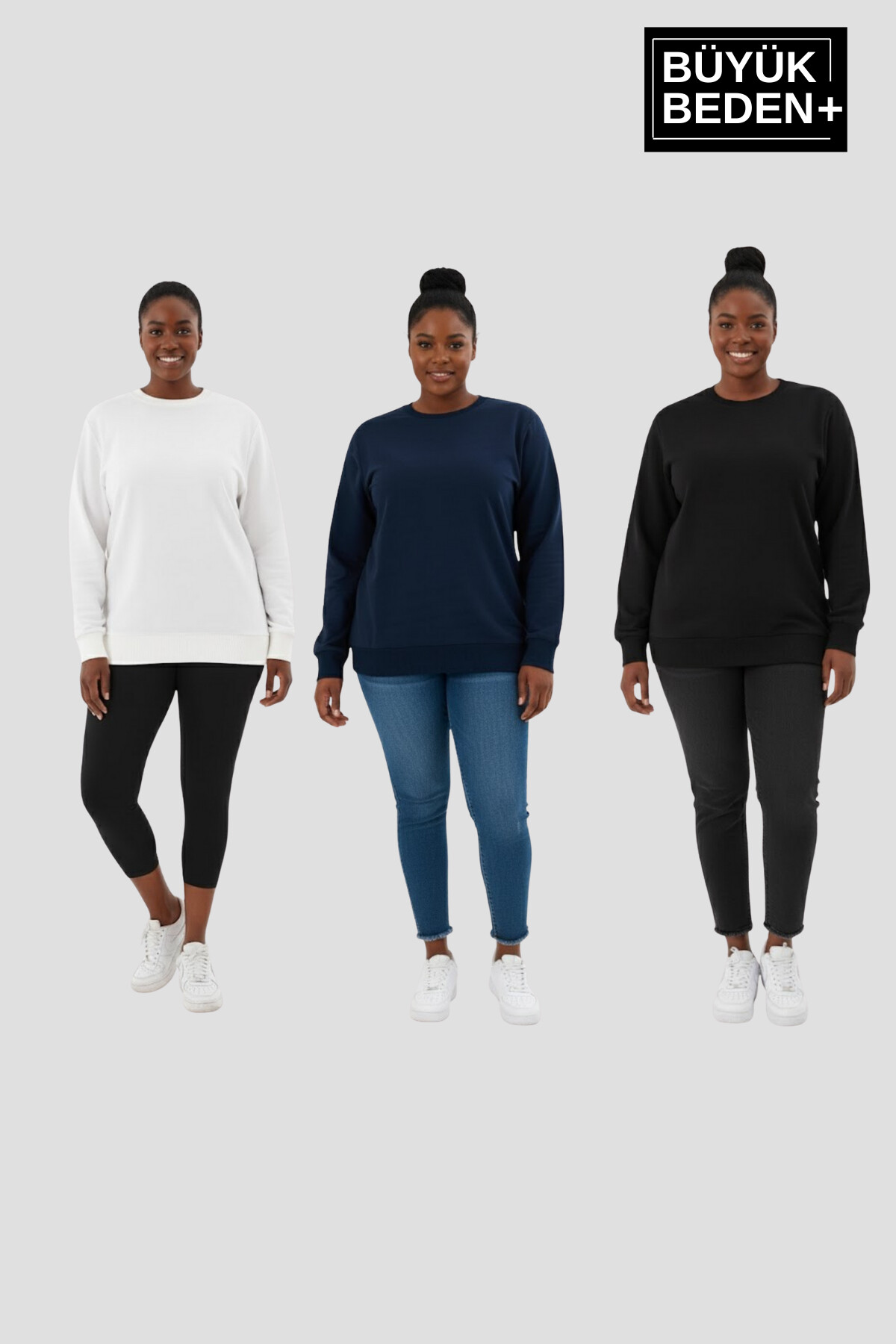 Kadın Büyük Beden Bisiklet Yaka 3lü Set -Rahat Kalıp İnce Sweatshirt SPR26BSW956+3