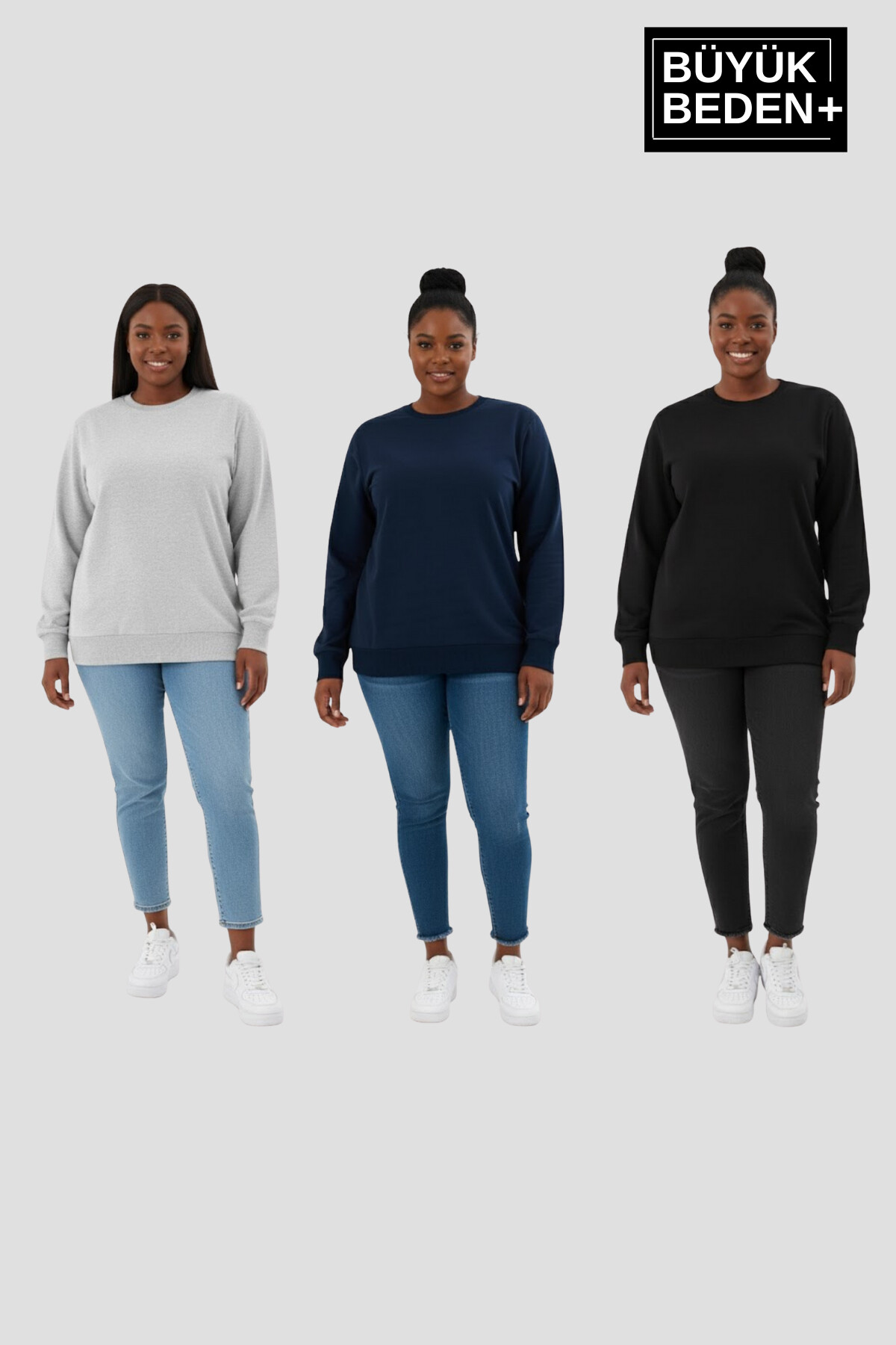 Kadın Büyük Beden Bisiklet Yaka 3lü Set -Rahat Kalıp İnce Sweatshirt SPR26BSW956+3