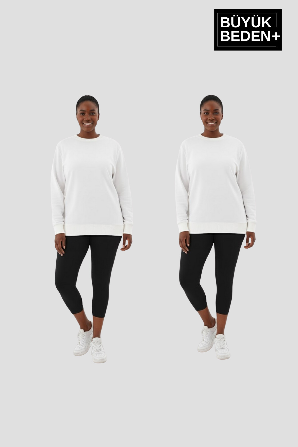 Kadın Büyük Beden Bisiklet Yaka 2’li Set-Rahat Kalıp İnce Sweatshirt SPR26BSWK956+2