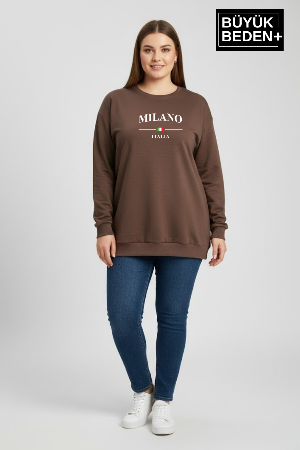 Kadın Büyük Beden MİLANO İTALiA Baskılı Bisiklet Yaka İnce Sweatshirt SPR26BSWK956-9
