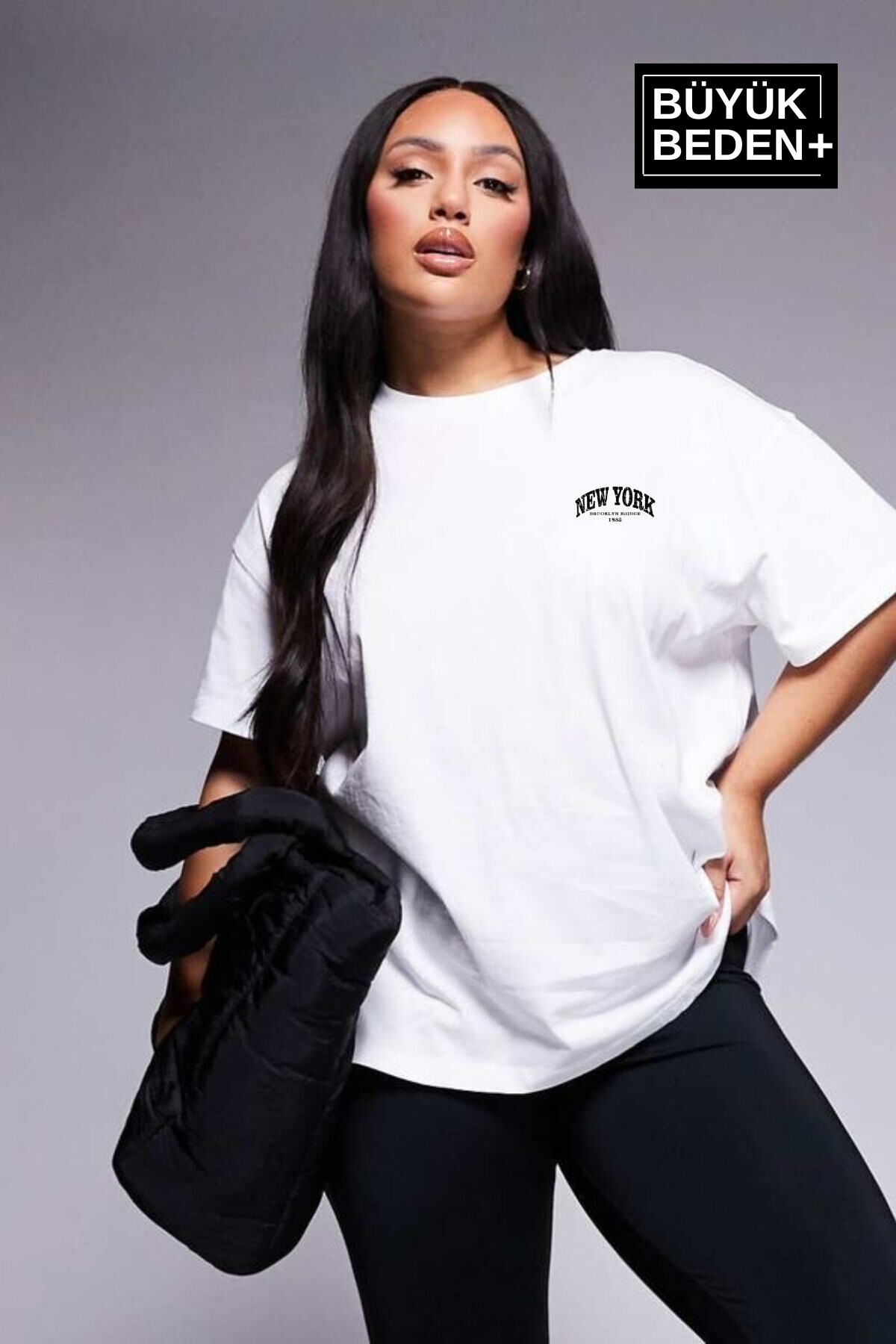 Süperlife Kadın Büyük Beden New York Baskılı 3xl-6xl Bisiklet Yaka Tshırt SPR25BTSK510-05