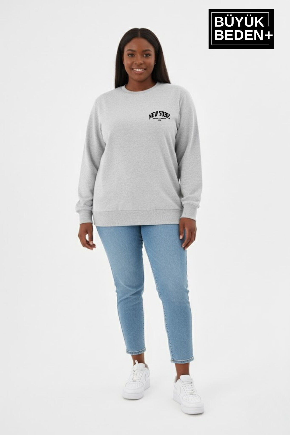 Kadın Büyük Beden New York Baskılı Bisilet Yaka İnce Sweatshirt SPR26BSWK956-5