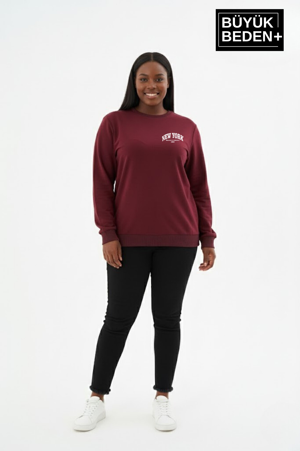Kadın Büyük Beden New York Baskılı Bisilet Yaka İnce Sweatshirt SPR26BSWK956-5