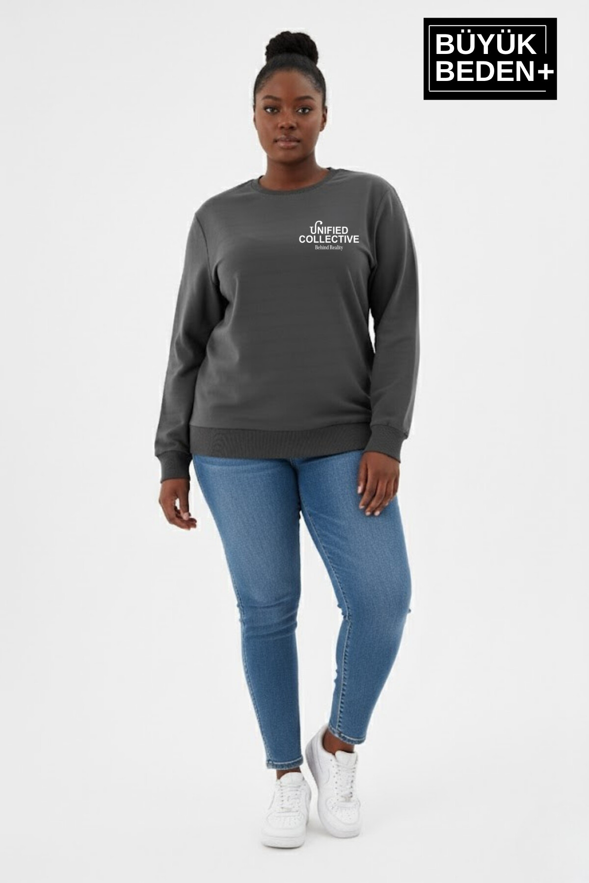 Kadın Büyük Beden Unified Collective Baskılı Bisiklet Yaka İnce Sweatshirt SPR26BSWK956-10