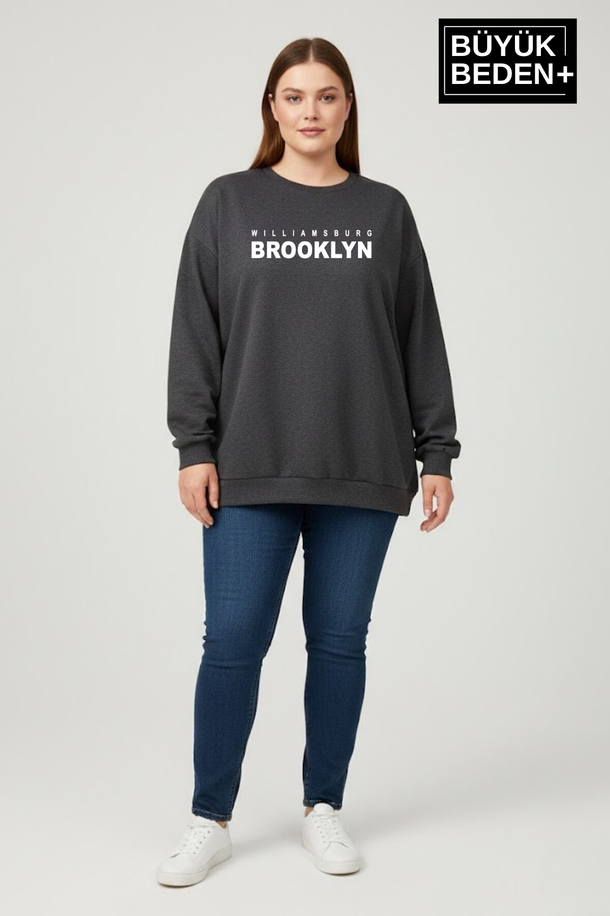 Kadın Büyük Beden Willams Brooklyn Baskılı Bisiklet Yaka ince Sweatshirt SPR26BSW956-16