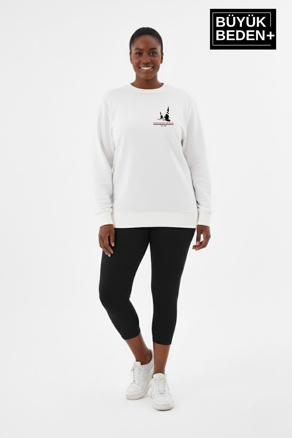 Kadın Büyük Beden Yelken Baskılı Bisiklet Yaka ince Sweatshirt SPR26BSWK956-11