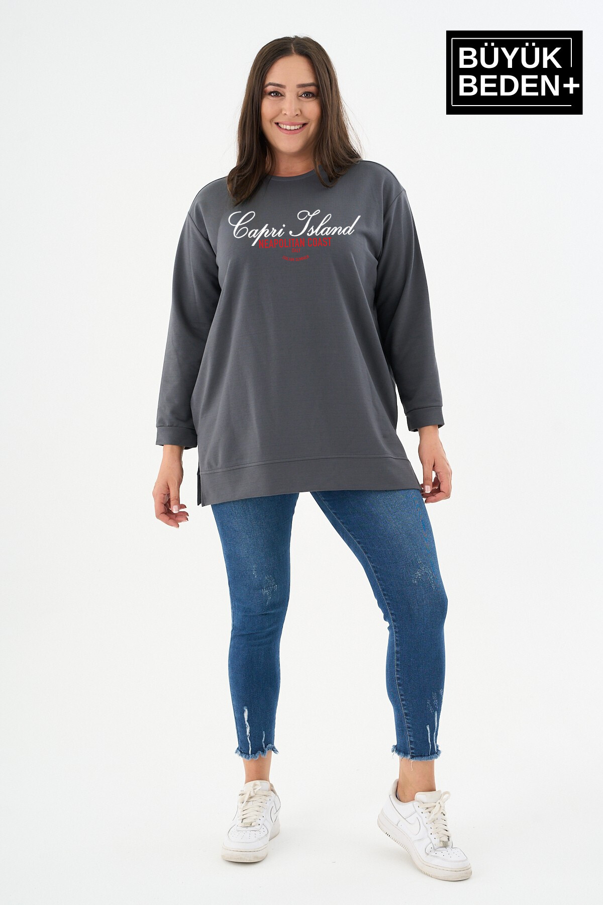 Kadın Tunik Büyük Beden Capri Island Baskılı ince Sweatshırt SPR26BTK990-1
