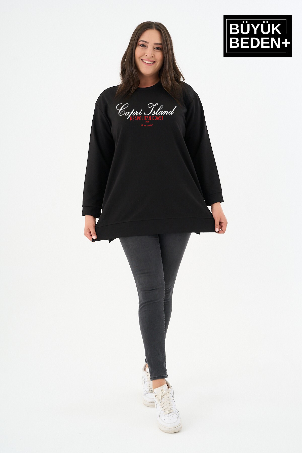 Kadın Tunik Büyük Beden Capri Island Baskılı ince Sweatshırt SPR26BTK990-1