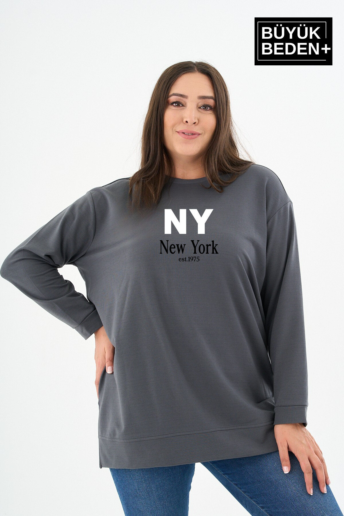 Kadın Tunik Büyük Beden NY NEWYORK Baskılı ince Sweatshırt SPR26BTK990-1