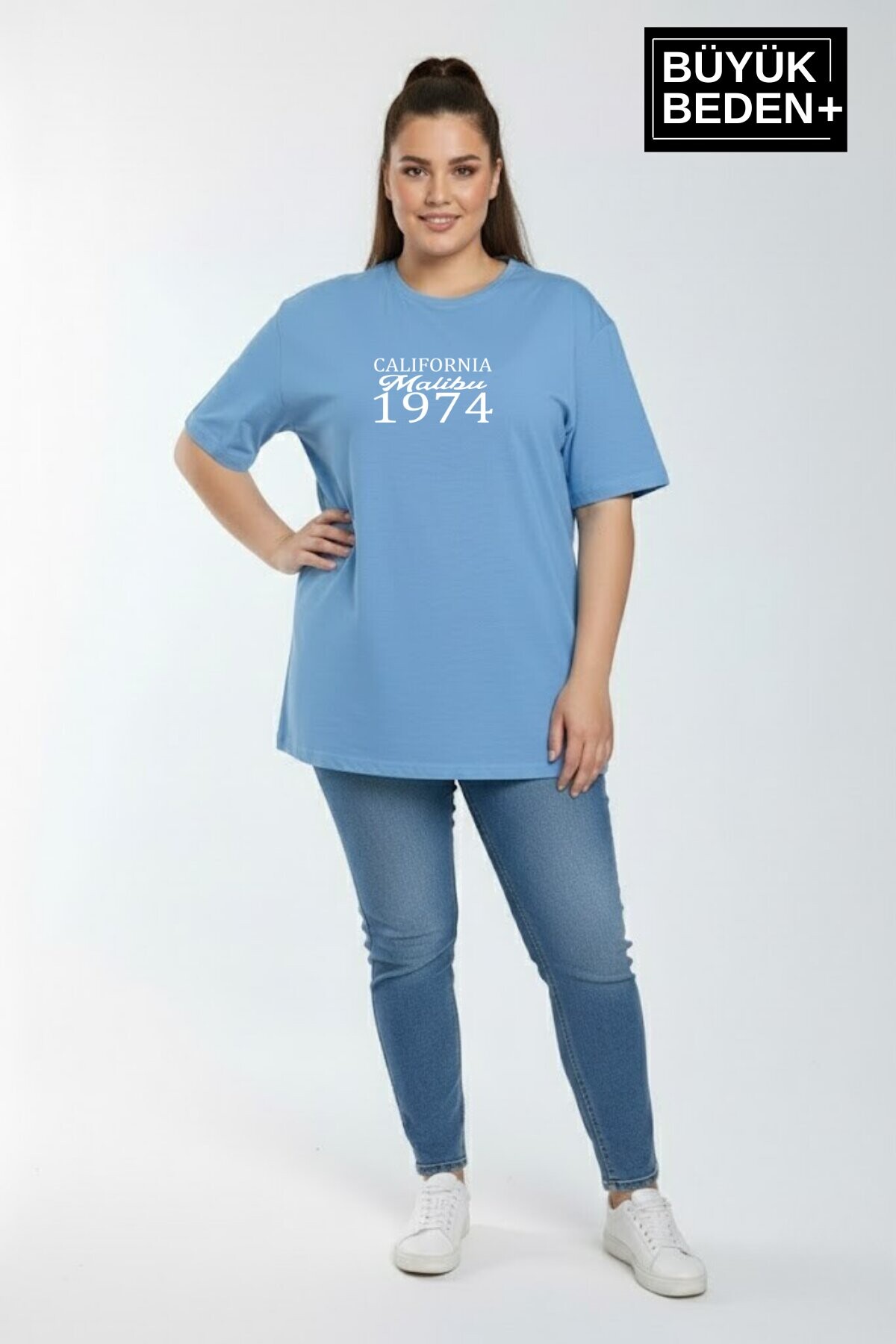Süperlife Kadın Büyük Beden California 1974 Baskılı  3xl-6xl Bisiklet Yaka Tshırt SPR25BTSK510-2