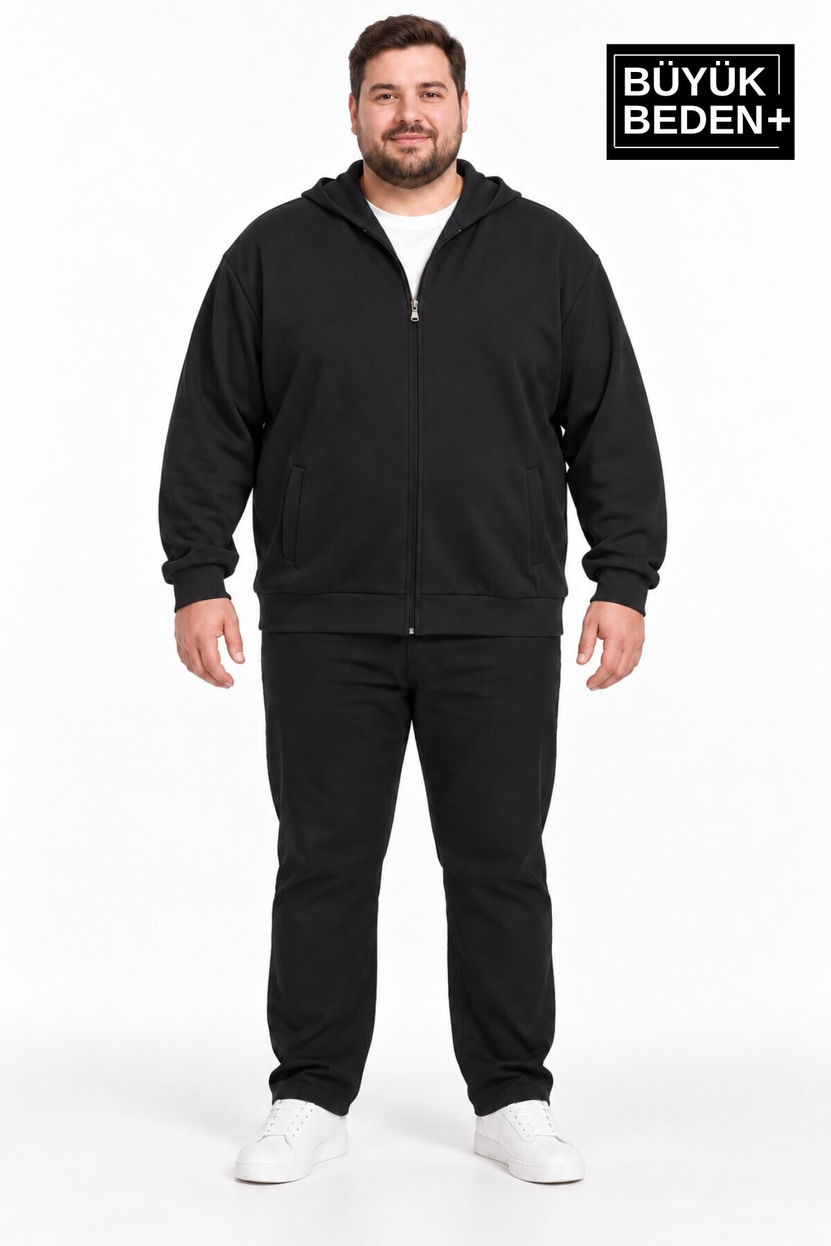 Erkek Büyük Beden İki İplik Kapüşonlu Fermuarlı Cepli Sweatshirt Hırka SPR26BHR961