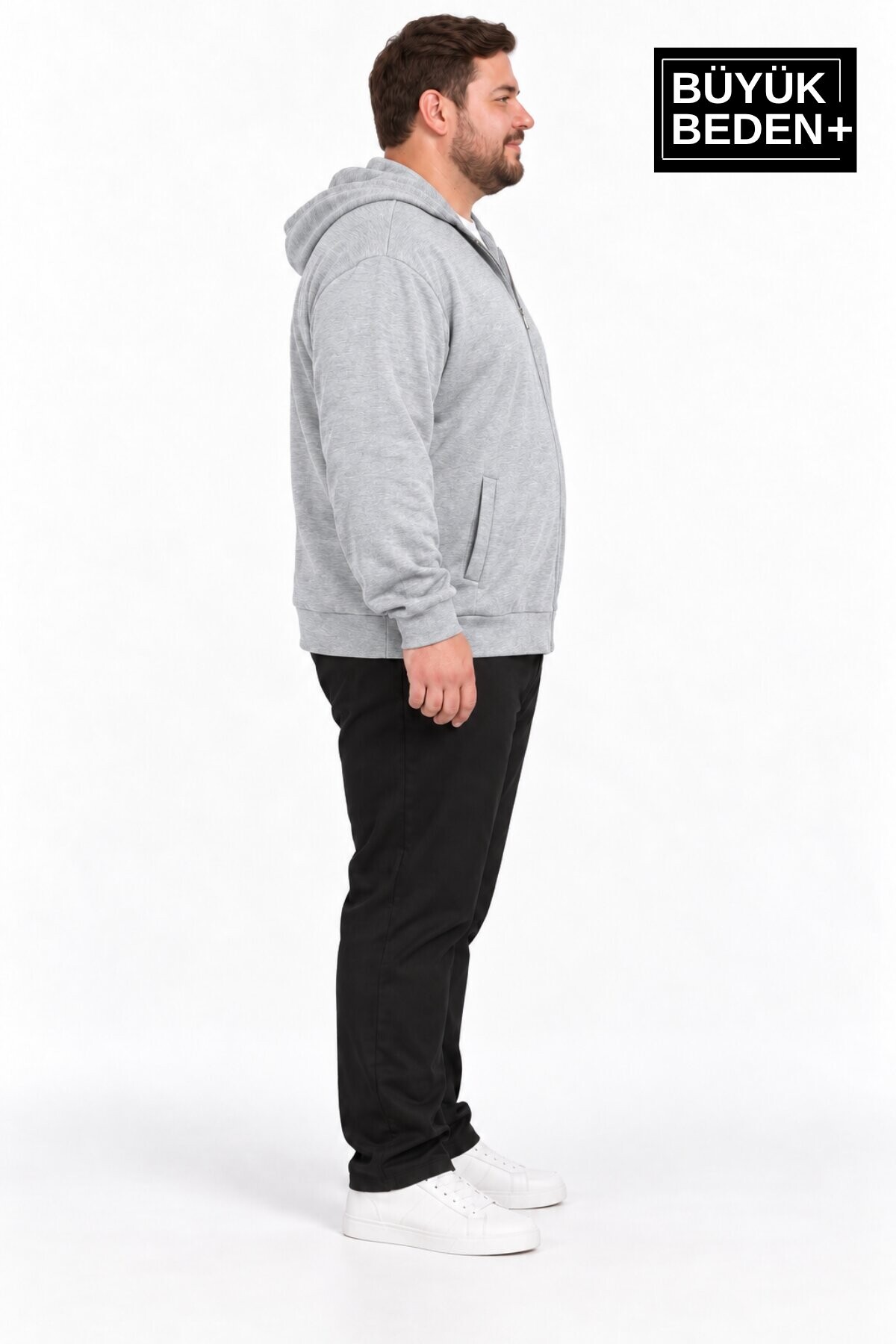 Erkek Büyük Beden İki İplik Kapüşonlu Fermuarlı Cepli Sweatshirt Hırka SPR26BHR961