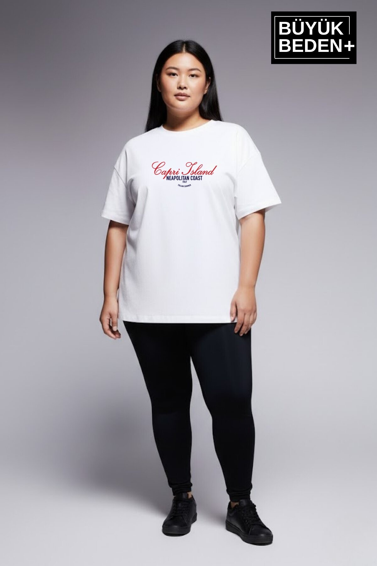 Süperlife Kadın Büyük Beden Capri Island Baskılı 3xl-6xl Bisiklet Yaka Tshırt SPR26BTSK510-14