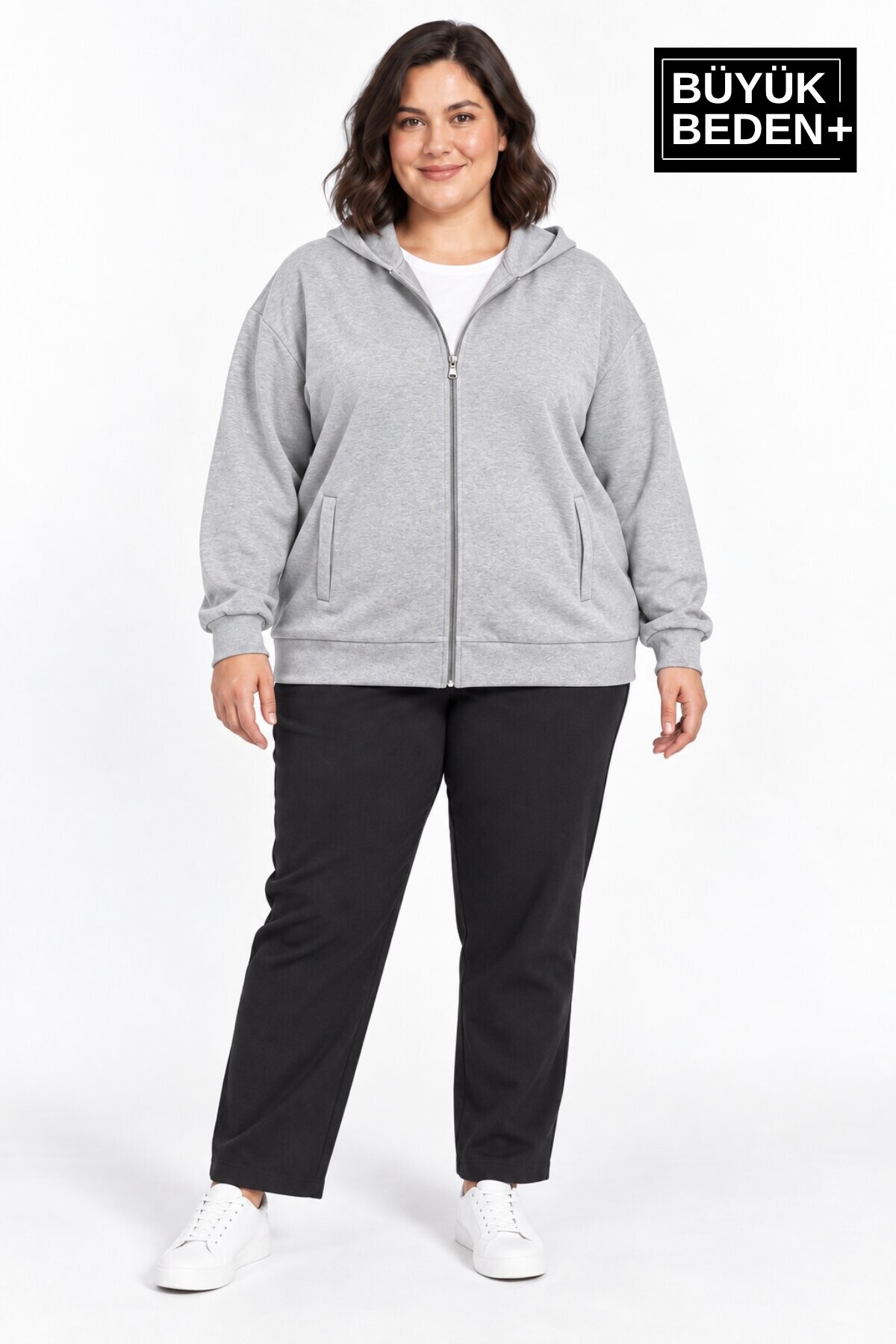 Kadın Büyük Beden Fermuarlı Kapüşonlu Cepli Sweatshirt Hırka Rahat Kalıp SPR26BHRK961