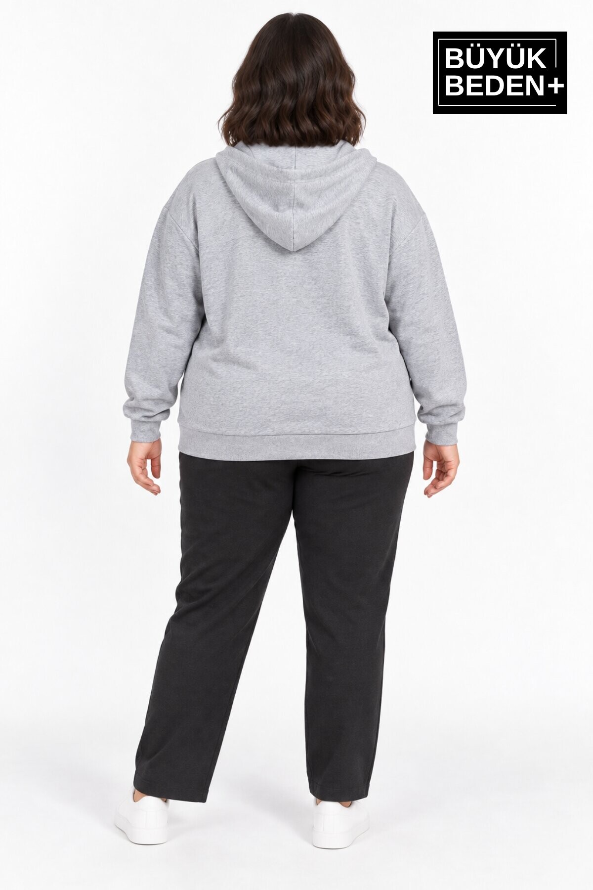 Kadın Büyük Beden Fermuarlı Kapüşonlu Cepli Sweatshirt Hırka Rahat Kalıp SPR26BHRK961