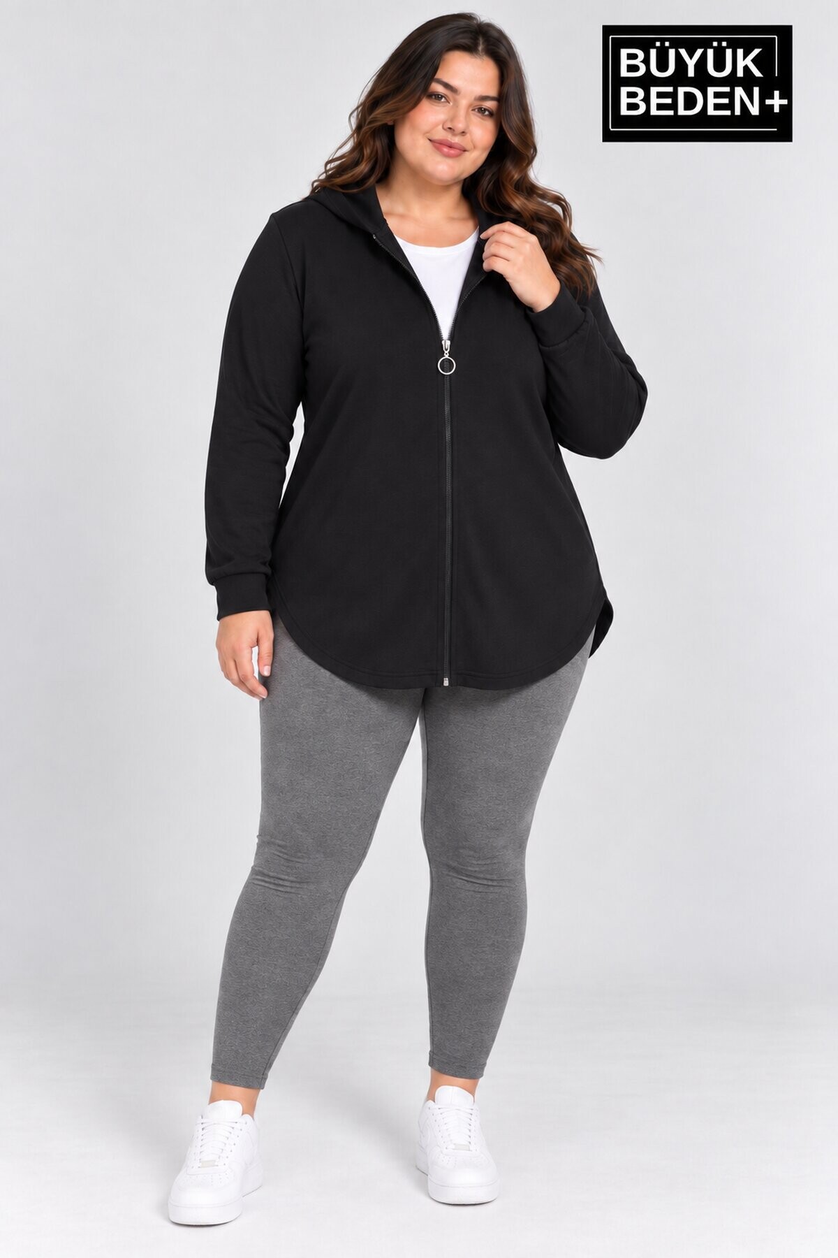 Kadın Büyük Beden Fermuarlı Kapüşonlu Sweatshirt Günlük Rahat Kesim SPR26BHR994