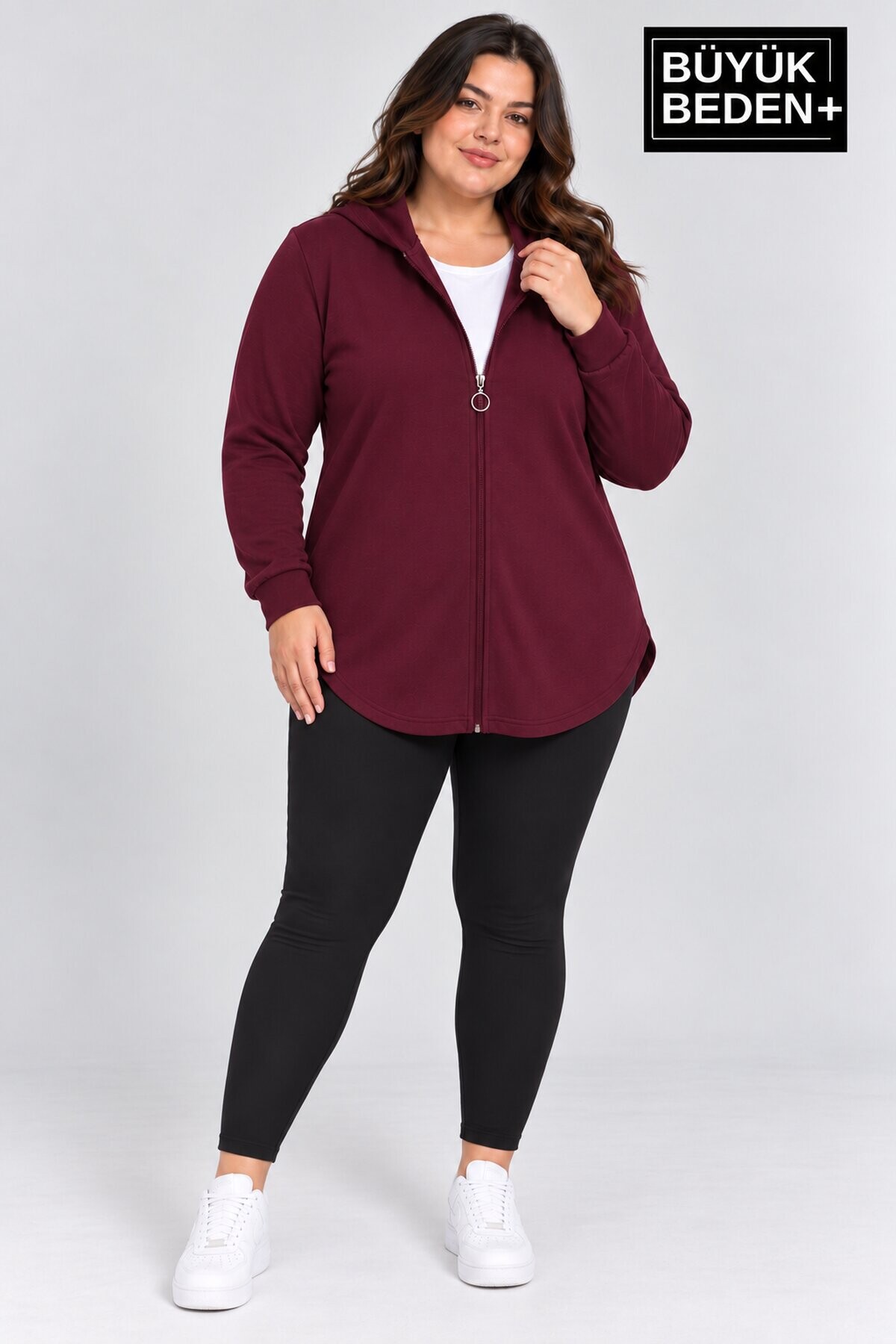 Kadın Büyük Beden Fermuarlı Kapüşonlu Sweatshirt Günlük Rahat Kesim SPR26BHR994