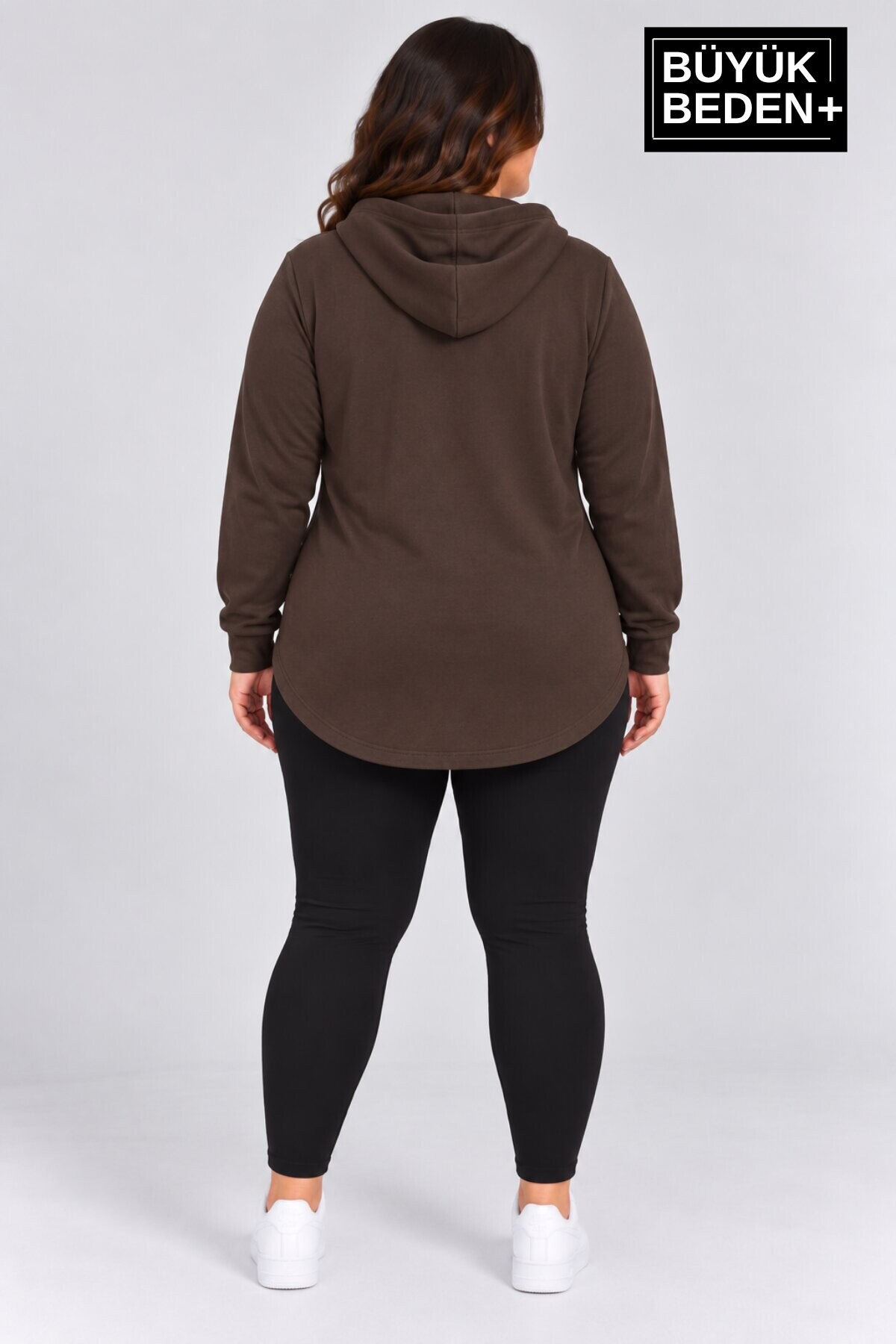 Süperlife Kadın Büyük Beden Fermuarlı Kapüşonlu Uzun Oval Etek Uçlu Hırka SPR26BHR993
