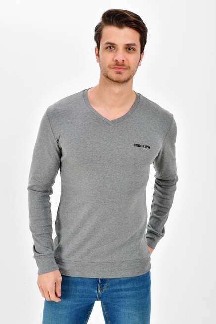 Süperlife V Yaka Uzun Kollu Dar Kalıp İnce Erkek Sweatshirt SPR 2019K19