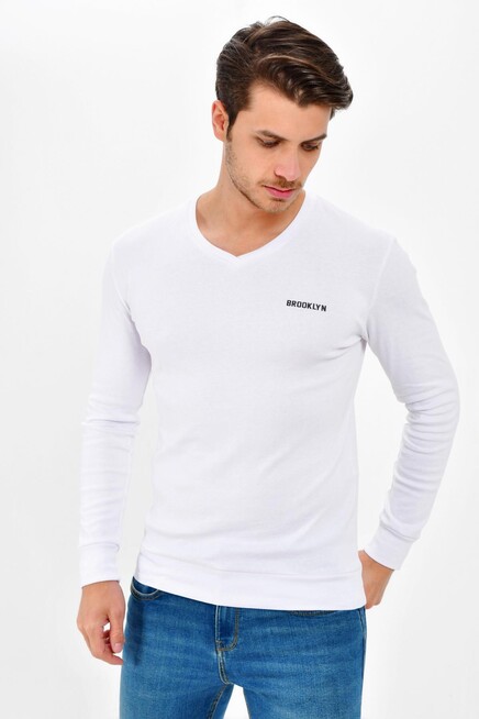 Süperlife V Yaka Uzun Kollu Dar Kalıp İnce Erkek Sweatshirt SPR 2019K19