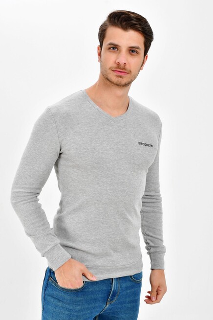 Süperlife V Yaka Uzun Kollu Dar Kalıp İnce Erkek Sweatshirt SPR 2019K19