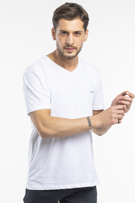 Süperlife Erkek V Yaka Slim Fit Brooklyn Baskılı Kısa Kollu Tişort SPR 265