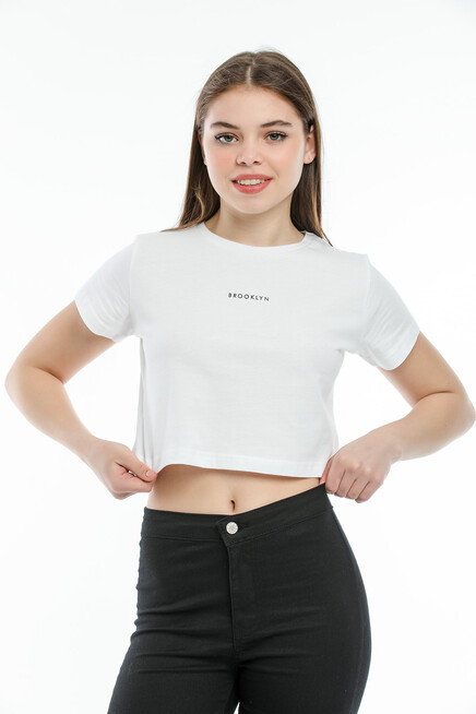 Süperlife Kadın Bisiklet Yaka Slim Fit Brookyn Baskılı Tişort SPR21Y14