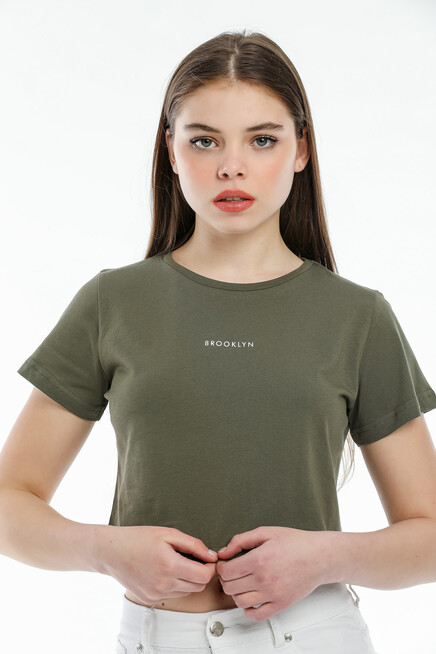 Süperlife Kadın Bisiklet Yaka Slim Fit Brookyn Baskılı Tişort SPR21Y14