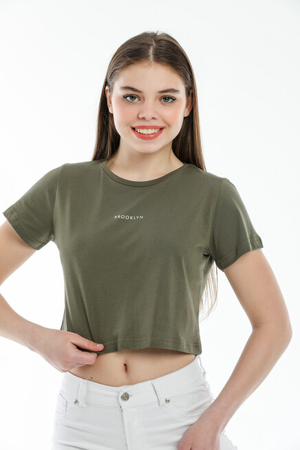 Süperlife Kadın Bisiklet Yaka Slim Fit Brookyn Baskılı Tişort SPR21Y14