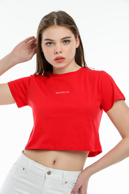 Süperlife Kadın Bisiklet Yaka Slim Fit Brookyn Baskılı Tişort SPR21Y14