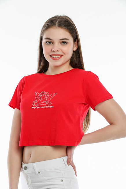 Crop Örme Melek Baskılı Tişort spr21y16
