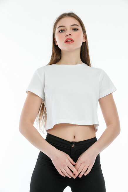 Süperlife Kadın Bisiklet Yaka Crop Örme Slim Fit Tişort SPR21Y13