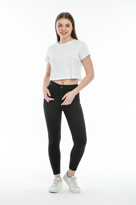 Süperlife Kadın Bisiklet Yaka Crop Örme Slim Fit Tişort SPR21Y13