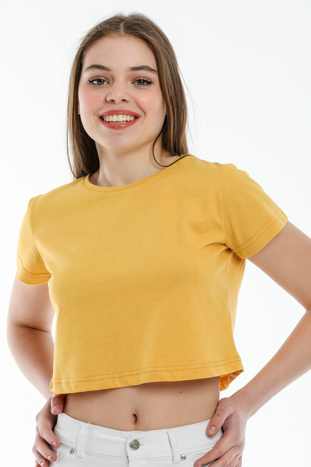 Süperlife Kadın Bisiklet Yaka Crop Örme Slim Fit Tişort SPR21Y13