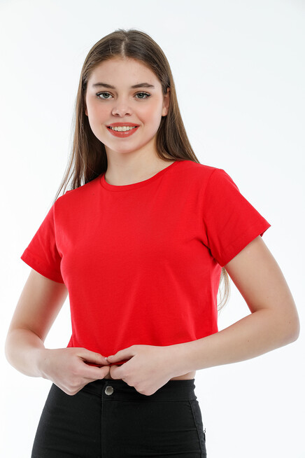 Süperlife Kadın Bisiklet Yaka Crop Örme Slim Fit Tişort SPR21Y13