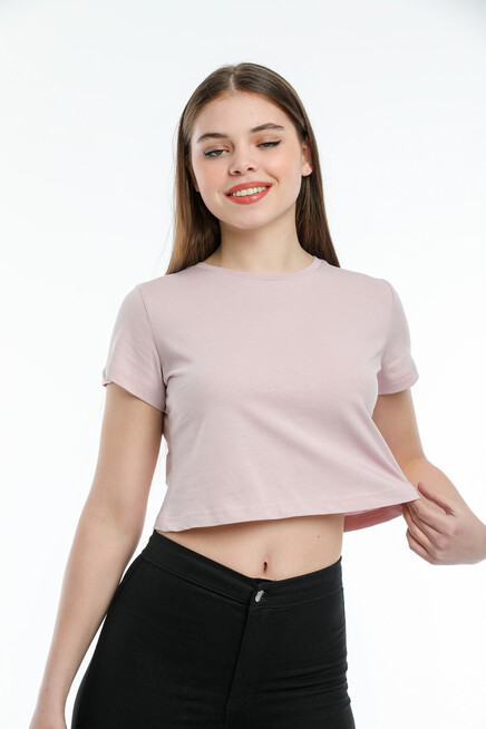 Süperlife Kadın Bisiklet Yaka Crop Örme Slim Fit Tişort SPR21Y13