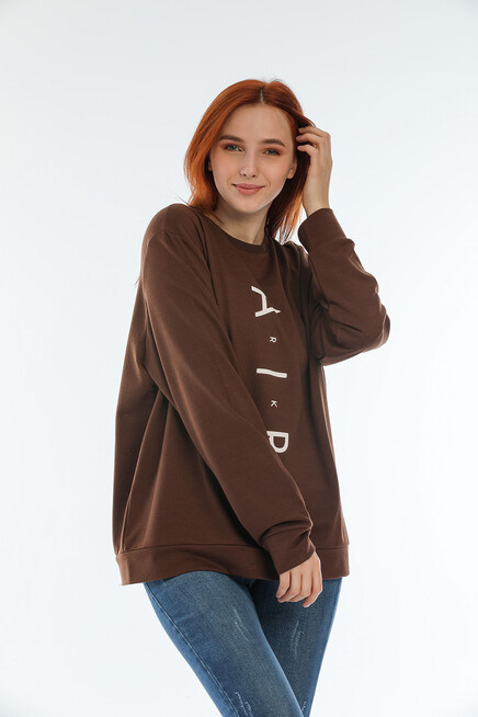 Süperlife Kadın Bisiklet Yaka Oversize Fit Aır Baskılı İnce Sweatshirt SPR22SWK101