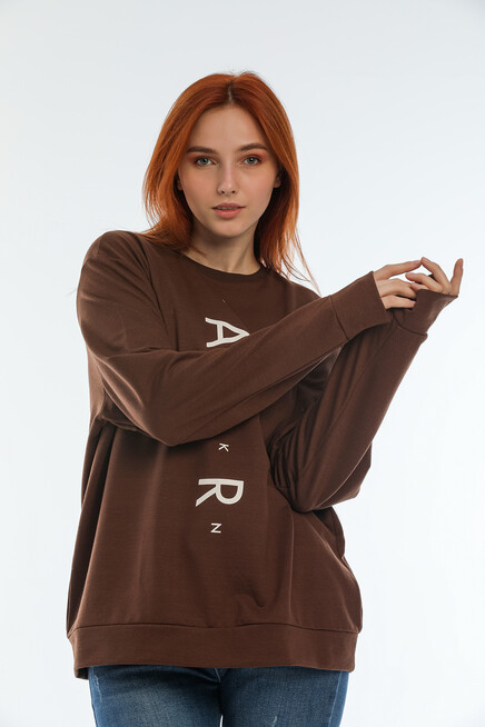 Süperlife Kadın Bisiklet Yaka Oversize Fit Aır Baskılı İnce Sweatshirt SPR22SWK101